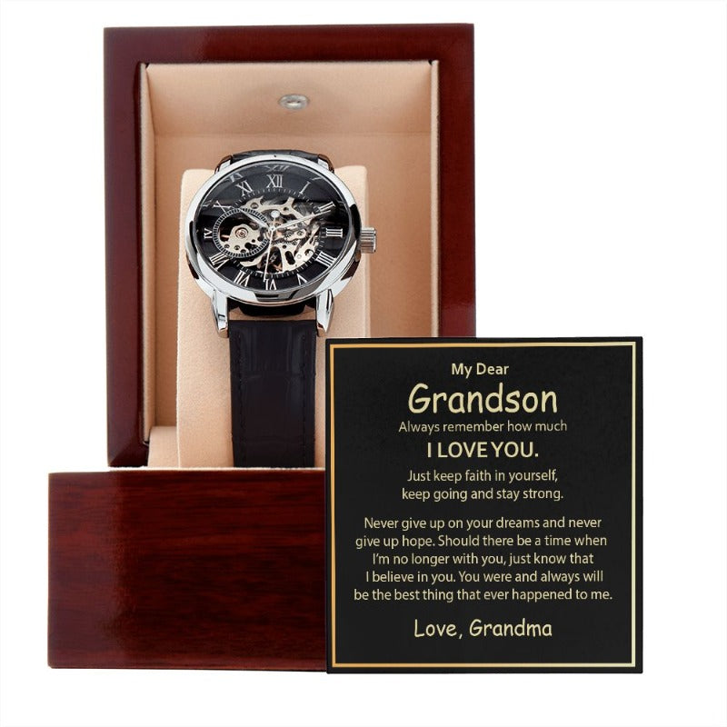 To My Grandson Remember How Much You Are Loved Men Openwork Watch | Gift factory from Grandma | Gift from Grandpa | Appreciation Gift for Grandson