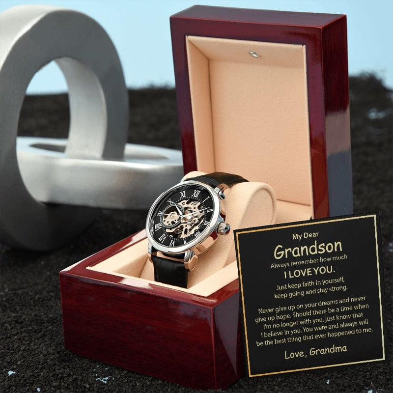 Grandson, Always remember, Love Grandma - Openwork Skeleton Watch, hgs038 | Birthday gift for Grandson deals | Confirmation | Christmas present